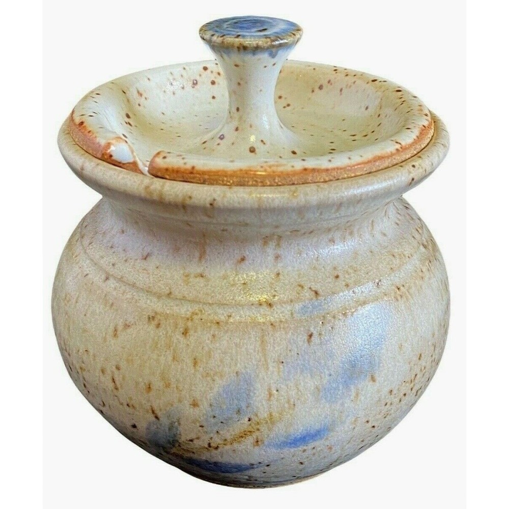 Stoneware Pottery Sugar Bowl w Lid Honey Pot Brown Fleck Blue Handcrafted Signed